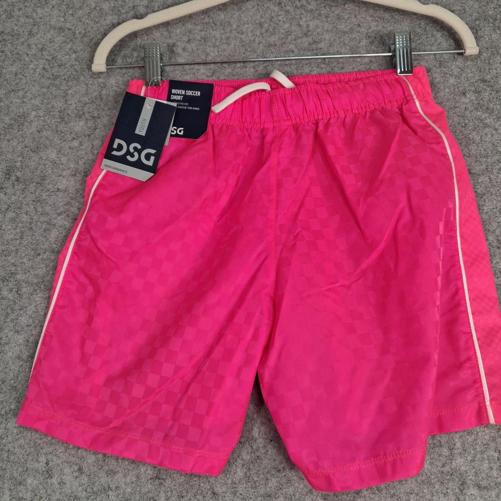 DSG Woven Soccer Shorts Youth Medium 10-12 Pink Checkered Performance Athletic